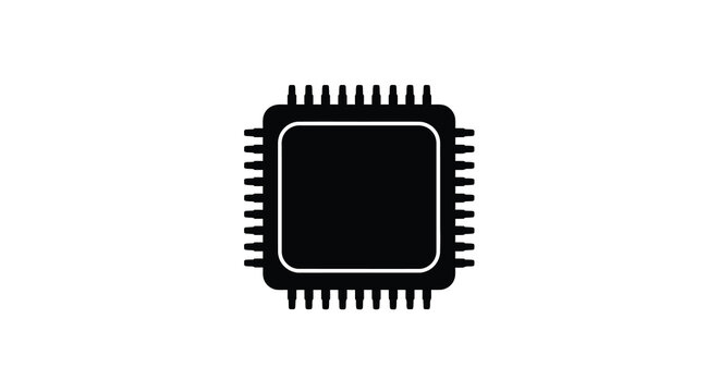 A stark black and white silhouette depicts a microchip showcasing its rectangular form and numerous pins high quality professional detailed modern