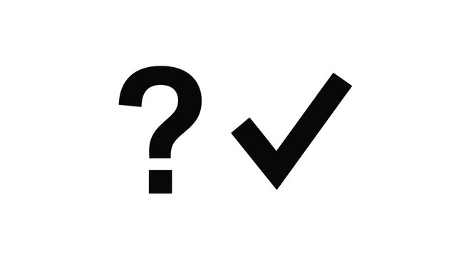 A simple graphic depicts a black question mark and a black checkmark side by side on a white background high quality