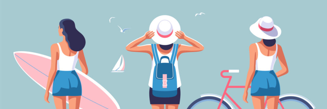 Vector illustrations of women on the theme of summer adventures, travel, beach fun and relaxation.
