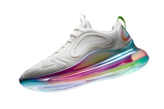 White athletic shoe with multicolor sole displaying modern design