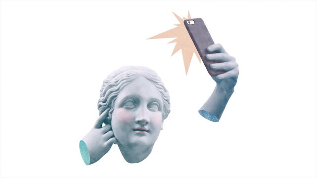 A sculpture of Venus de Milo taking a selfie with a smartphone. Stop-motion animation of a 3D object 