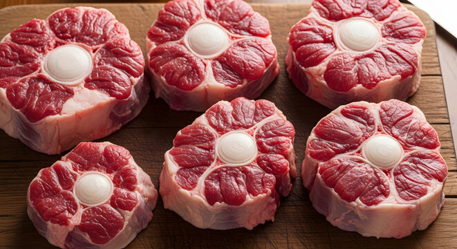 Raw osso buco meat slices on wooden cutting board, ready for cooking