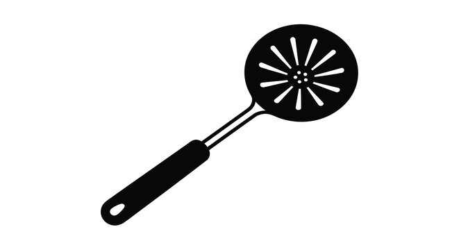 A simple black and white illustration depicts a slotted spatula a common kitchen utensil used for lifting and turning food