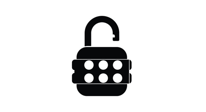 A simple black silhouette depicts a combination padlock with a four digit dial symbolizing security high quality professional detailed modern elegant