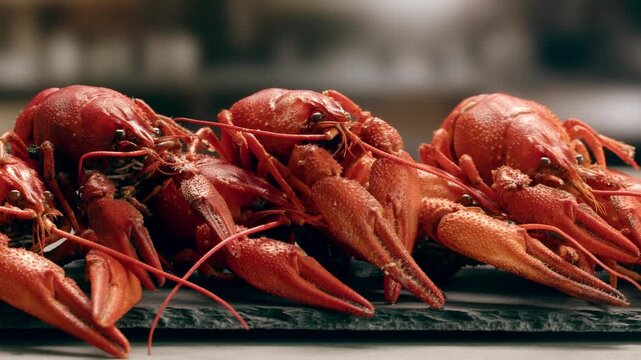Boiled European crayfish Astacus astacus river seafood freshwater cooked crustacean, noble crayfish, or broad-fingered crayfish, traditional food source.