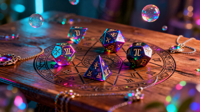 Astrology dice scattered on wooden tabletop, mystical game-like reading prop for horoscope layouts