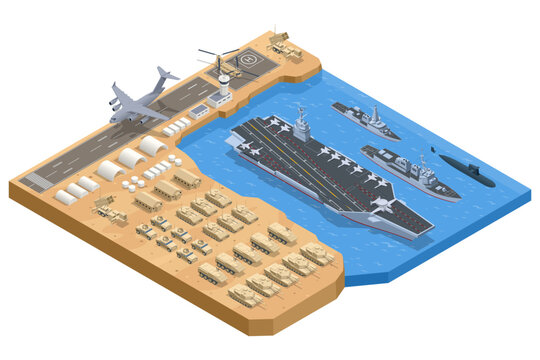 Isometric military base with aircraft carrier, warships, submarine, tanks and aircraft near the coast. Defense infrastructure concept shows naval deployment, armed force, logistics, strategy and