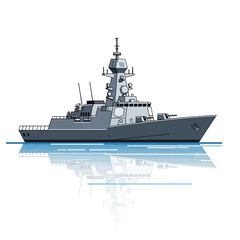 Obraz premium Modern Warship Silhouette with Water Reflection, Naval Destroyer or Frigate Illustration
