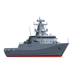 Naklejka premium Modern Warship, Military Naval Vessel, Grey Frigate with Red waterline, Isolated on White
