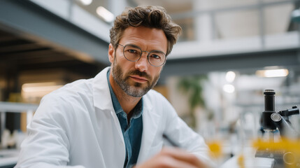 Fototapeta premium Engineer examining translucent solar panel prototype in minimalist laboratory with sustainable energy equipment and testing stations visible, ideal for renewable power keywords, and modern environme