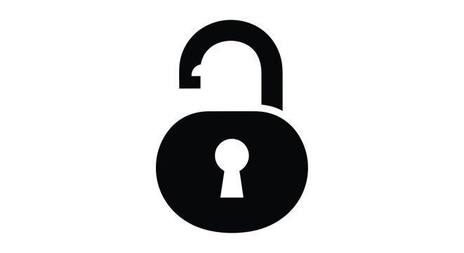 A simple black and white graphic depicts an unlocked padlock symbolizing security access and openness high quality professional detailed modern elegant