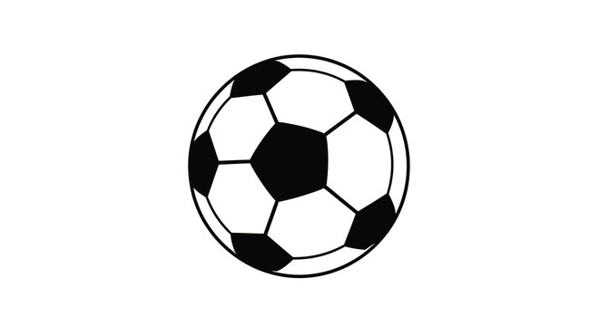 A simple black and white illustration depicts a classic soccer ball with pentagonal and hexagonal panels high quality professional detailed modern