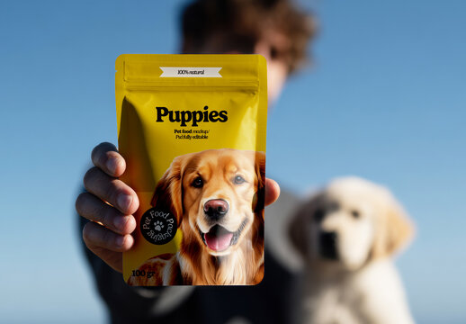 Person Holding Puppy Food Packaging with a Golden Retriever Puppy