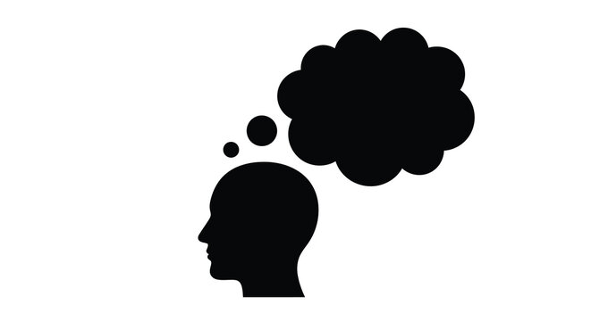 A minimalist black silhouette depicts a human head in profile with a large thought bubble above high quality professional detailed modern