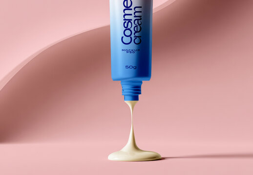 Cosmetic Cream Tube Squeezing Product on Solid Background