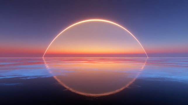 Glowing circle arch over calm ocean at twilight, surreal minimal seascape.