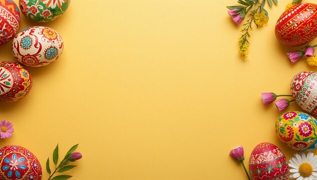 Traditional Folk Painted Easter Eggs Frame on Yellow Background with Copy Space