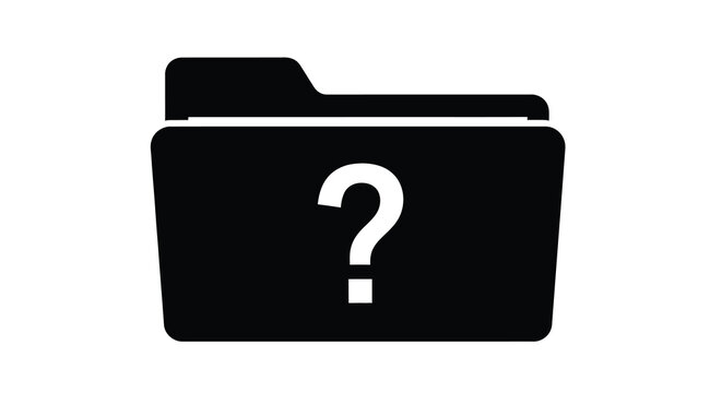 A minimalist black silhouette depicts a folder icon containing a white question mark symbol high quality professional detailed modern elegant stylish