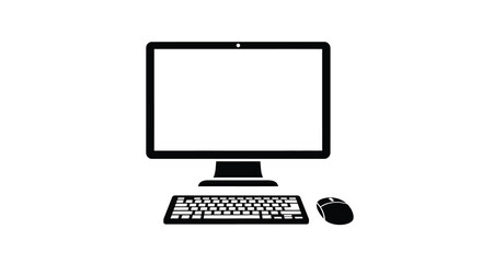 Fototapeta premium A minimalist black icon depicts a computer setup showcasing a monitor keyboard and mouse on white high quality professional detailed modern