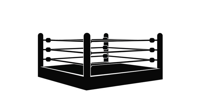 A stark black and white illustration depicts a professional boxing ring showcasing ropes corner posts and a platform high quality detailed