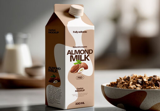 Milk Carton Mockup with Granola for Breakfast