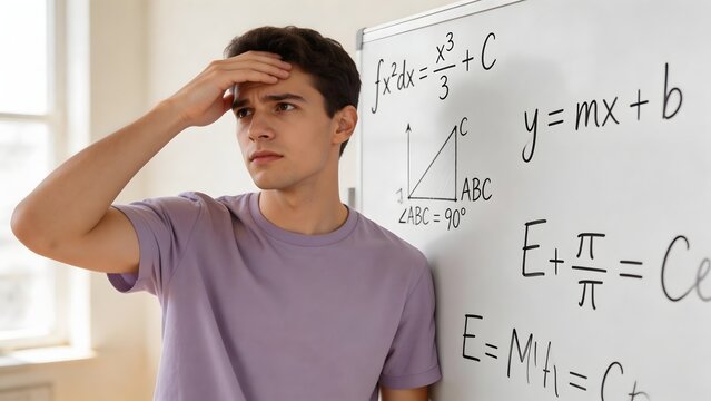 Young man in front of whiteboard with math equations