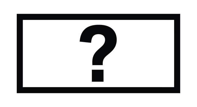 A simple graphic illustration depicts a black question mark centered within a rectangular white space framed by a black border