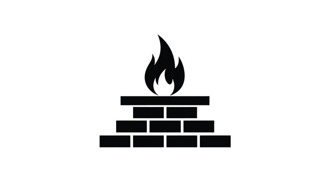 A simple black and white illustration depicts a stylized fireplace with a burning flame atop a brick base high quality professional