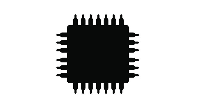 A black silhouette depicts a multi pin integrated circuit resembling a microchip or electronic component high quality professional detailed modern elegant