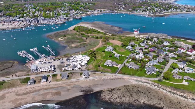 Scituate Harbor aerial view including Bulman Marine and Harbor Marina in town of Scituate, Massachusetts MA, USA. 