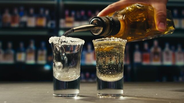 Mexican Tequila Mezcal pouring with lime and salt on a stone table. Strong vodka rum alcoholic drink is poured from a bottle into a shots.