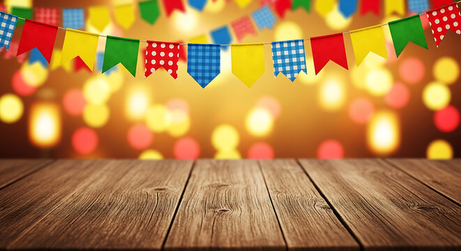 A vibrant festa junina party scene with colorful decorations and a wooden table