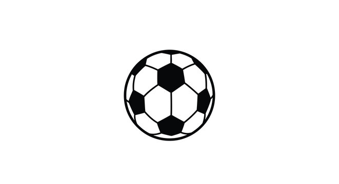 A simple black and white illustration depicts a classic soccer ball with its iconic pentagonal and hexagonal panels high quality professional