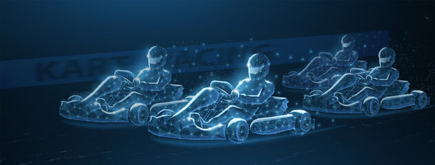 Glowing go-kart racers on blue background. Motorsport competition, racing vehicle, speed challenge, track performance, driving sport, digital transportation concept. Vector illustration © NeonGridStudio