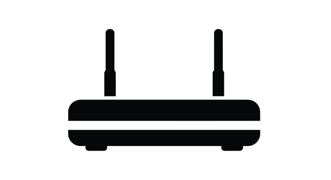 A simplified black silhouette illustration depicts a wireless router with two visible antennas representing network connectivity high quality professional detailed modern
