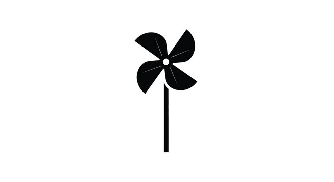 A simple black and white illustration depicts a classic pinwheel design with four blades and a slender stem high quality professional