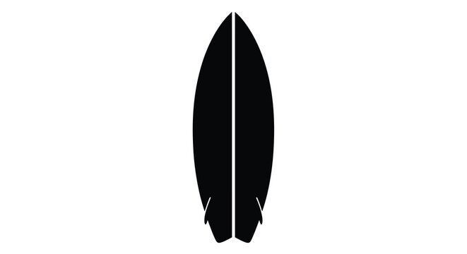 A minimalist black and white illustration depicts a surfboard viewed from above showcasing its sleek shape and fins high quality professional