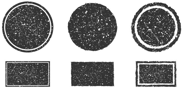 Grunge stamp shapes collection in black. Distressed circles, rectangles, textured frames, vintage labels, dirty borders, rough ink marks, worn badge set. Vector illustration