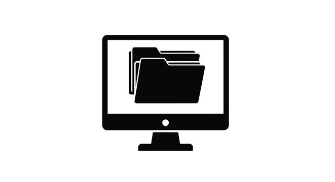 A black and white illustration depicts a computer monitor displaying a stack of file folders high quality professional detailed modern elegant