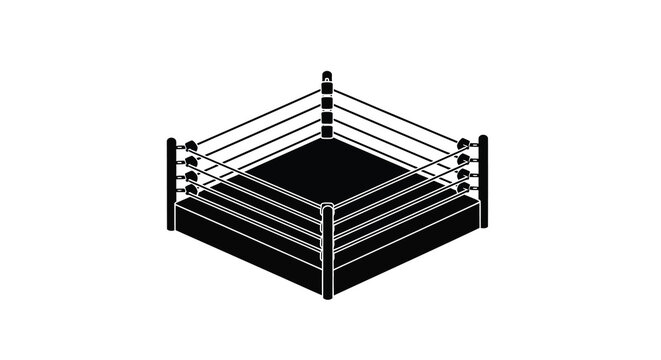 A minimalist black and white illustration depicts a professional boxing ring focusing on its square shape and ropes high quality detailed