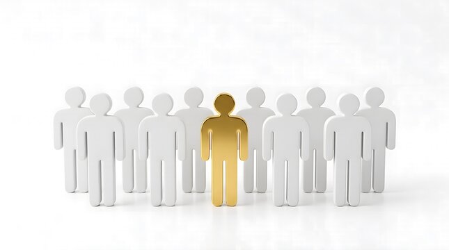 Golden human figure standing out from white crowd symbolizing leadership success and individuality in business team.