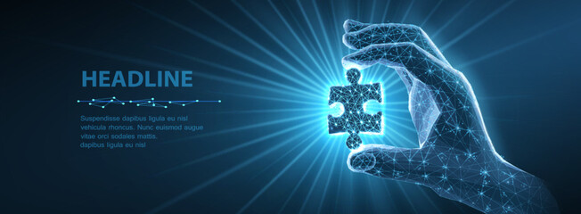 Hand holding puzzle piece in blue light. Problem solving, business strategy, innovation concept, digital connection, teamwork support, solution search, technology theme. Vector illustration © NeonGridStudio