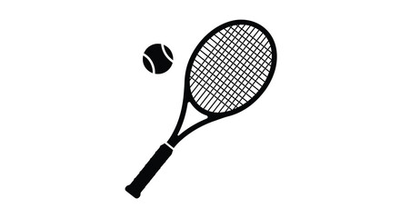 A black and white illustration depicts a tennis racket and ball suggesting the sport of tennis or recreation high quality professional © Asikder02