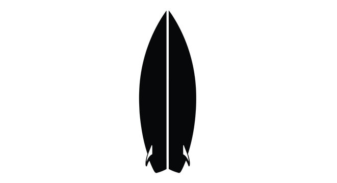 A stark black and white illustration depicts a surfboard with a pointed nose and distinct tail fins high quality professional detailed