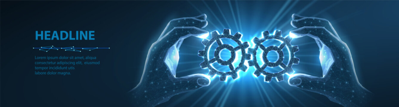 Hands holding glowing gears on blue background. Teamwork, system integration, business cooperation, digital process, engineering support, automation technology concept. Vector illustration