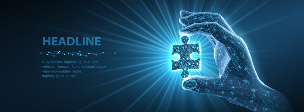 Hand holding puzzle piece in blue light. Problem solving, business strategy, innovation concept, digital connection, teamwork support, solution search, technology theme. Vector illustration
