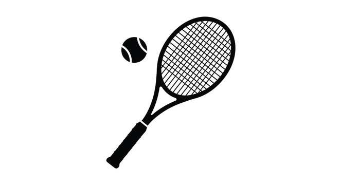 A black and white illustration depicts a tennis racket and ball suggesting the sport of tennis or recreation high quality professional
