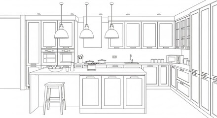 Fototapeta premium Elegant Modern Kitchen Interior Outline with Island, Appliances, and Stylish Lighting Design