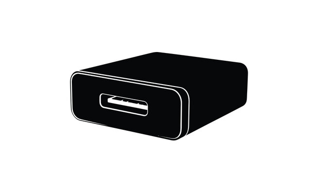 A stark black and white illustration depicts a rectangular external hard drive with a usb port high quality professional detailed modern