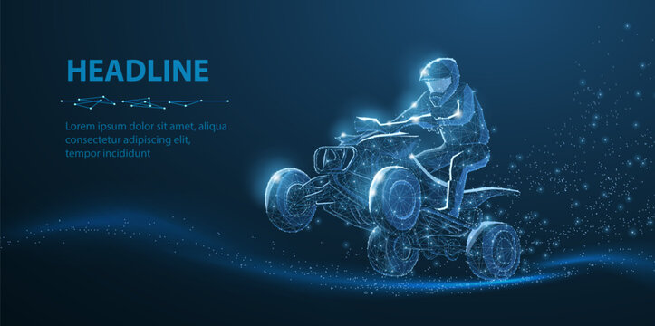 Polygonal rider on quad bike with glowing mesh effect. ATV transport, extreme sport, offroad vehicle, motorsport action, adventure mobility, speed concept background. Digital illustration